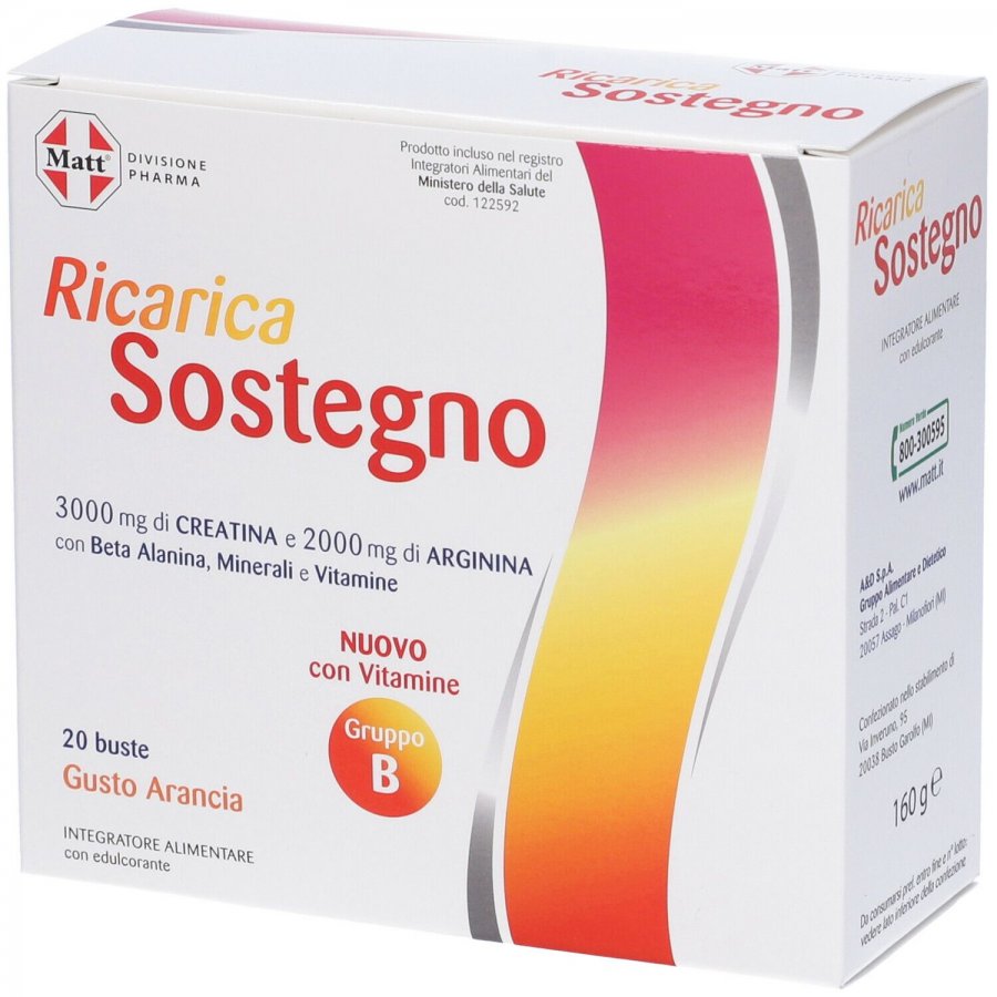 Matt Pharma Ricarica Sostegno 20 Buste Gusto Arancia - Integratore con Creatina, Arginina, Beta Alanina, Vitamine e Minerali