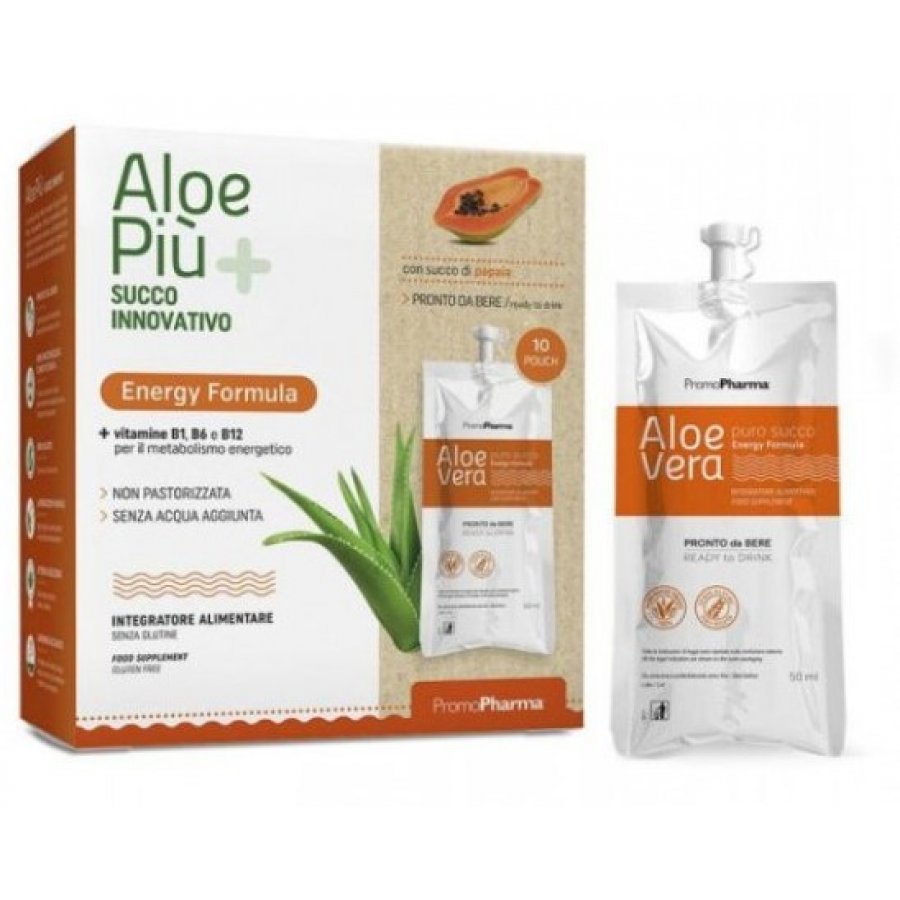 Aloe Più Energy Succo Innovativo 10 Pouch da 50ml Gusto Papaya - Estratto di Aloe Vera per Energia e Vitalità