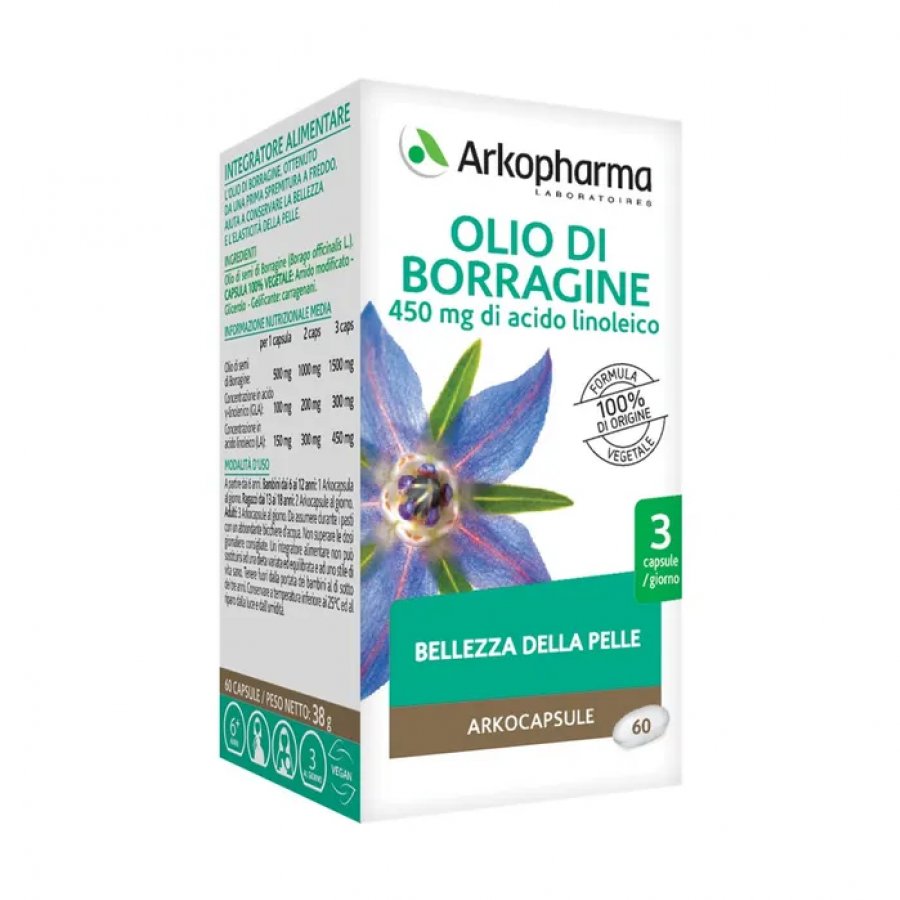 Arkopharma Olio di Borragine 60 Capsule - Integratore Alimentare con Olio di Borragine e Vitamina E