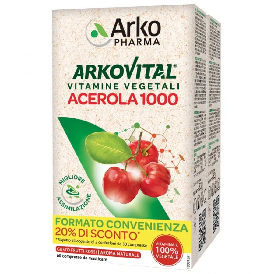 Arkopharma Acerola 1000 Pack Family 60 Compresse - Integratore Alimentare con Polvere di Succo di Bacca d’Acerola