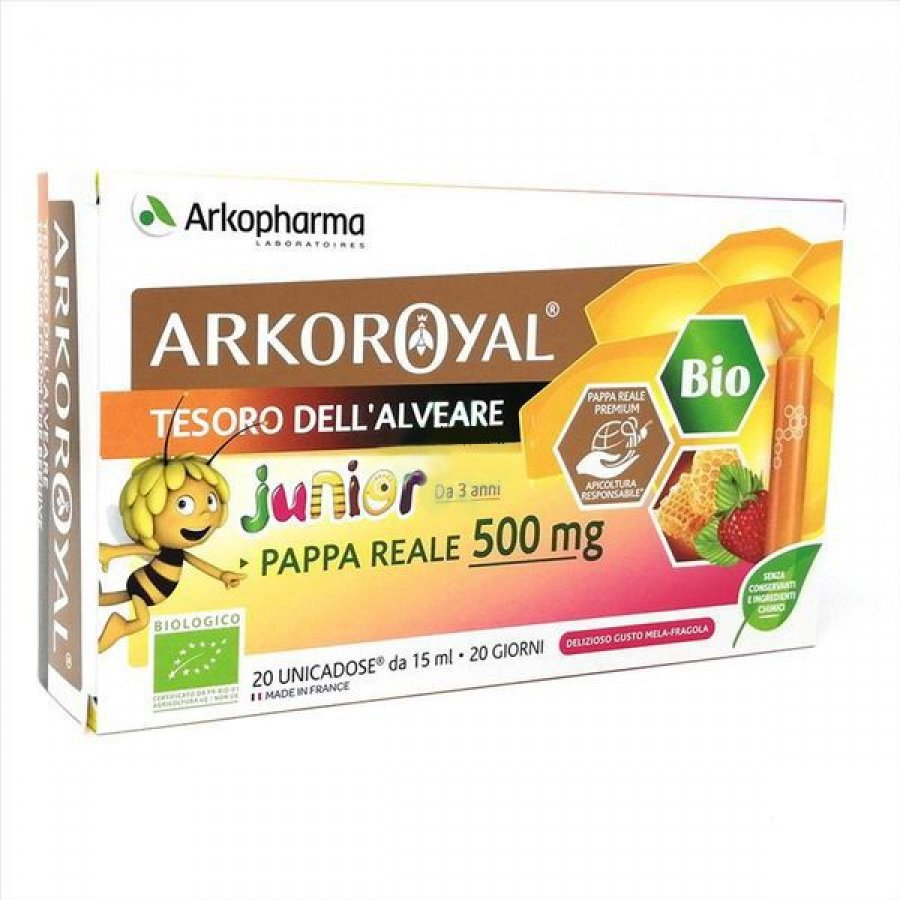 ArkoRoyal Pappa Reale Junior 500mg Confezione 20 Flaconcini - Integratore Alimentare Pappa Reale Gusto Mela-Fragola