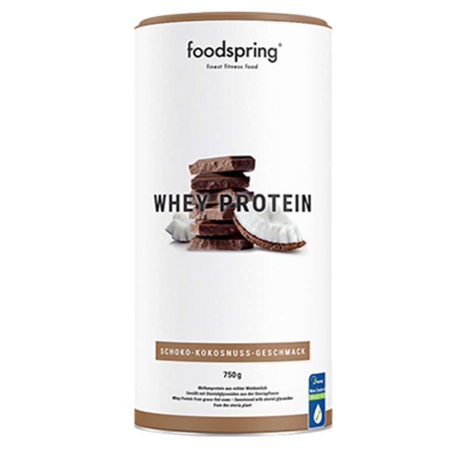 Foodspring Whey Protein 750g Gusto Cioccolato e Cocco - Integratore Proteico per lo Sviluppo Muscolare