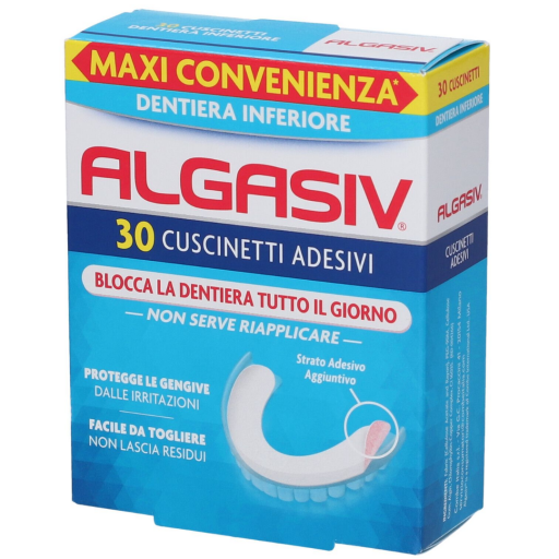 Algasiv Cuscinetti Adesivi Dentiera Inferiore 30 Pezzi - Tenuta Sicura e Comfort Gengive