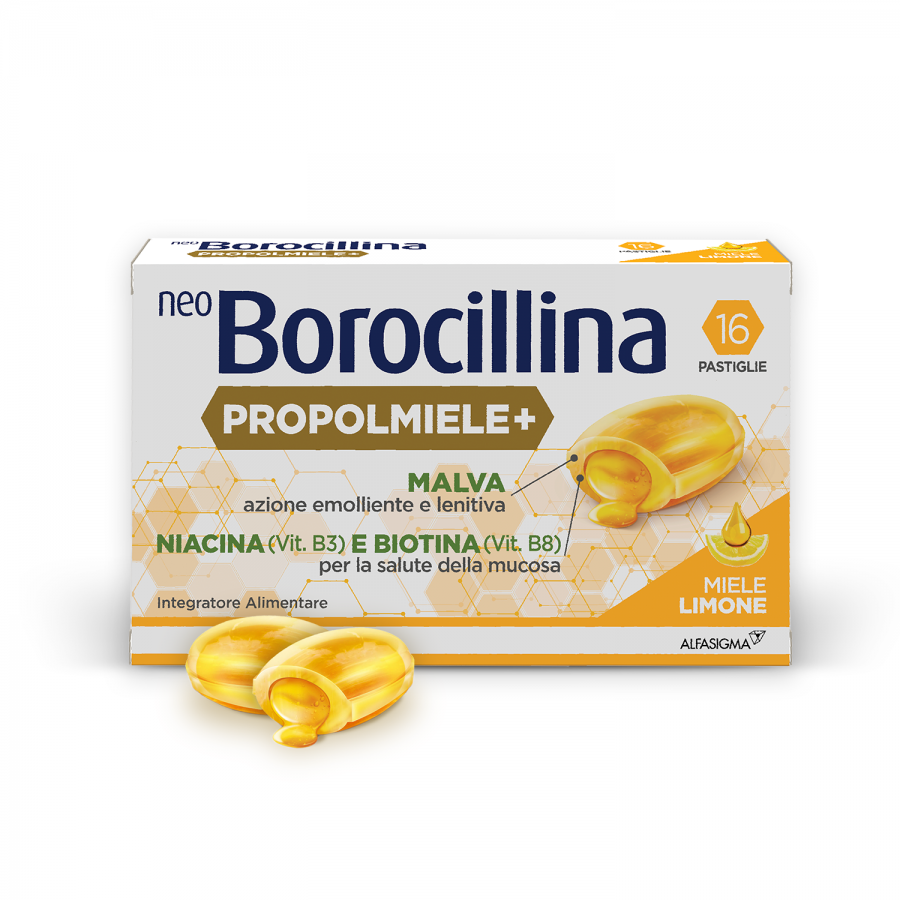 Neoborocillina - Propolmiele+ 16 Pastiglie Gusto Miele e Limone - Rimedio Naturale per Gola e Vie Respiratorie