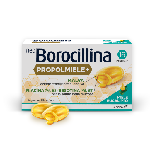 Neoborocillina - Propolmiele+ 16 Pastiglie Gusto Miele ed Eucalipto - Rimedio Naturale per la Gola e le Vie Respiratorie