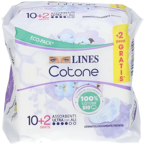 LINES Cotone, Assorbenti Ultra con Ali, 10 + 2 Pezzi – 100% Cotone per Comfort e Protezione