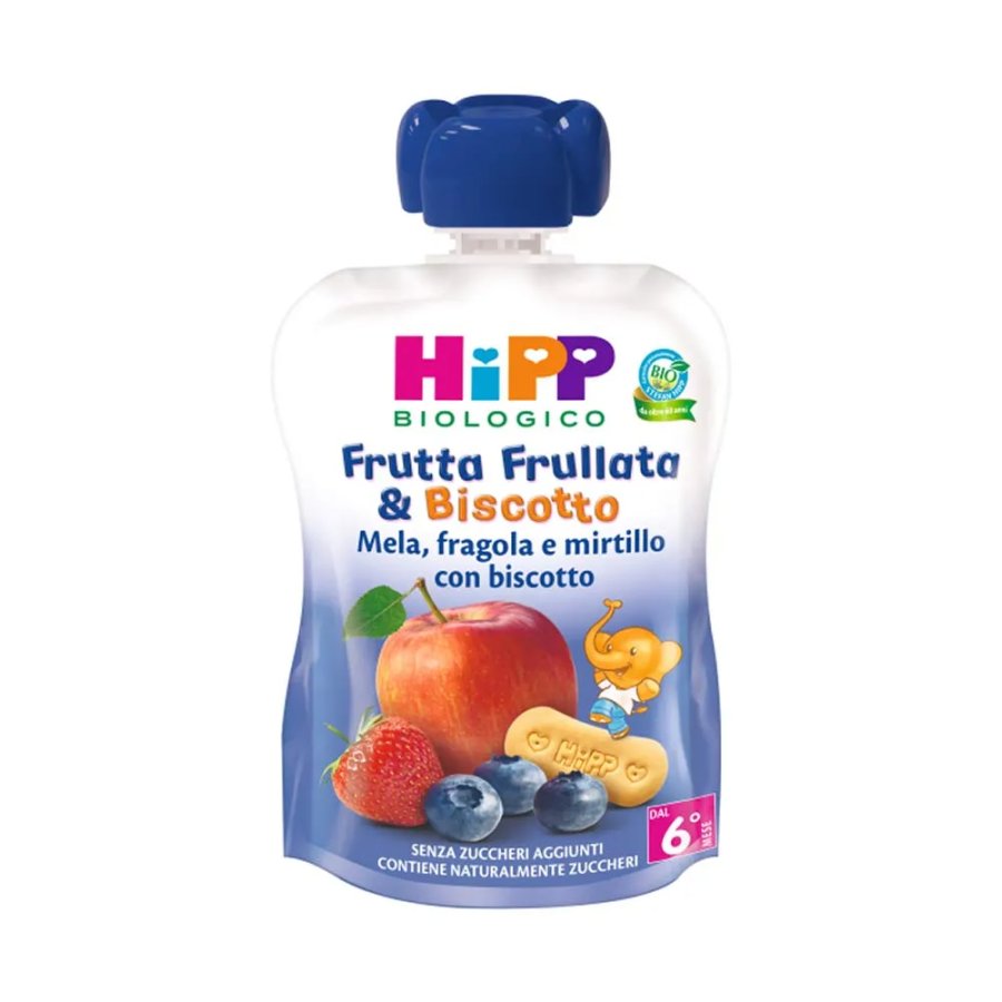 HiPP, Frutta Frullata & Biscotto Mela Fragola e Mirtillo con Biscotto, 90 g