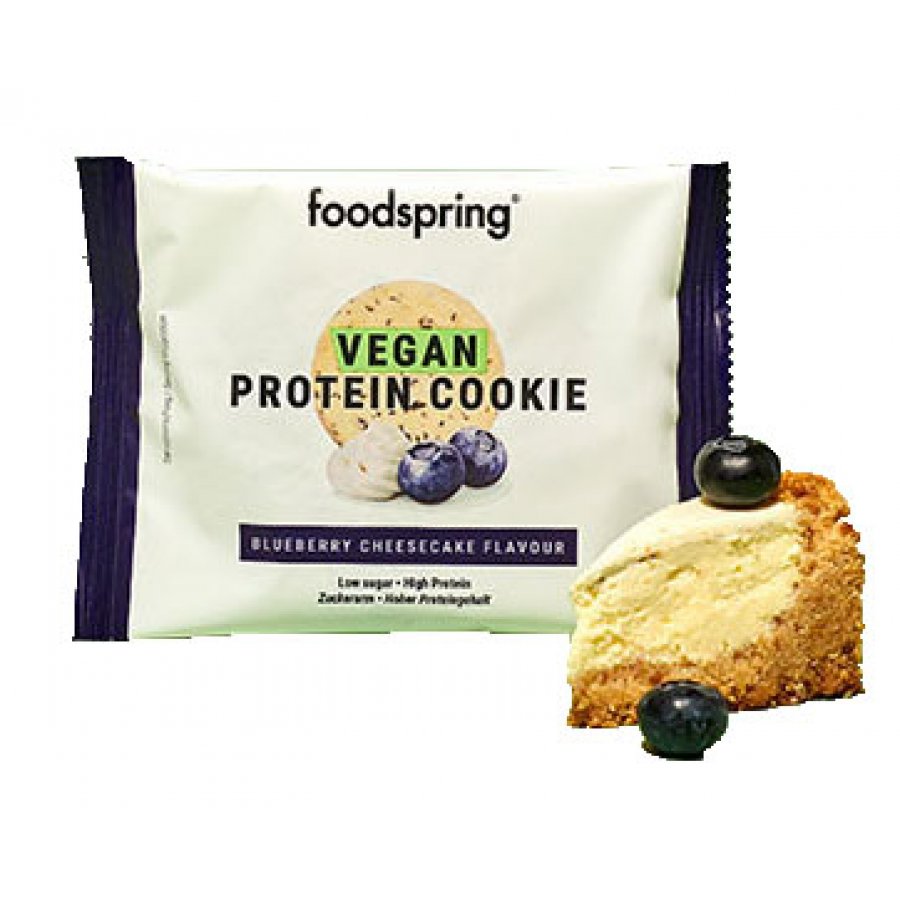 Foodspring Vegan Protein Cookie Snack Gusto Cheesecake ai Mirtilli 50g - Biscotto Proteico Vegano a Basso Contenuto di Zuccheri