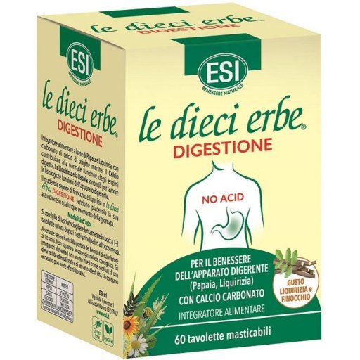 ESI Le Dieci Erbe Digestione No Acid 60 Tavolette Masticabili,Supporto Digestivo