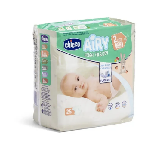 Chicco Airy Ultra Fit & Dry Pannolini Taglia 2 Mini 3-6Kg 25 Pezzi - Protezione e Comfort per la Pelle del Tuo Bambino