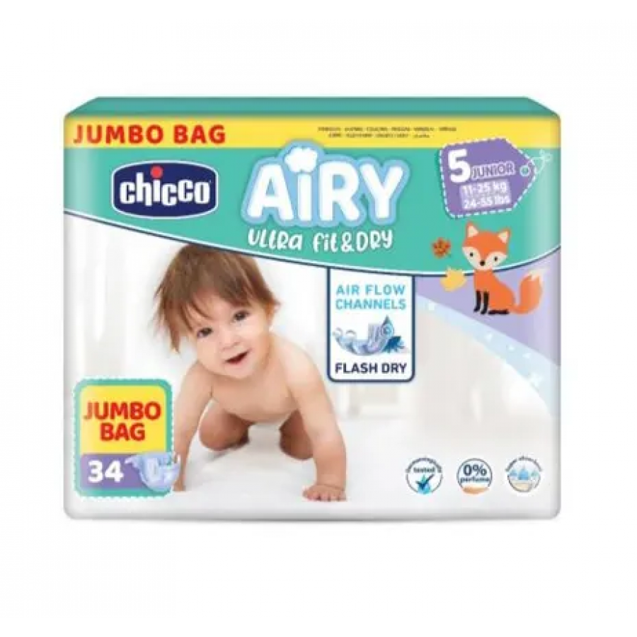 Chicco Airy Ultra Fit & Dry Pannolini Taglia 5 Junior 11-25 Kg Maxi Formato 34 Pezzi