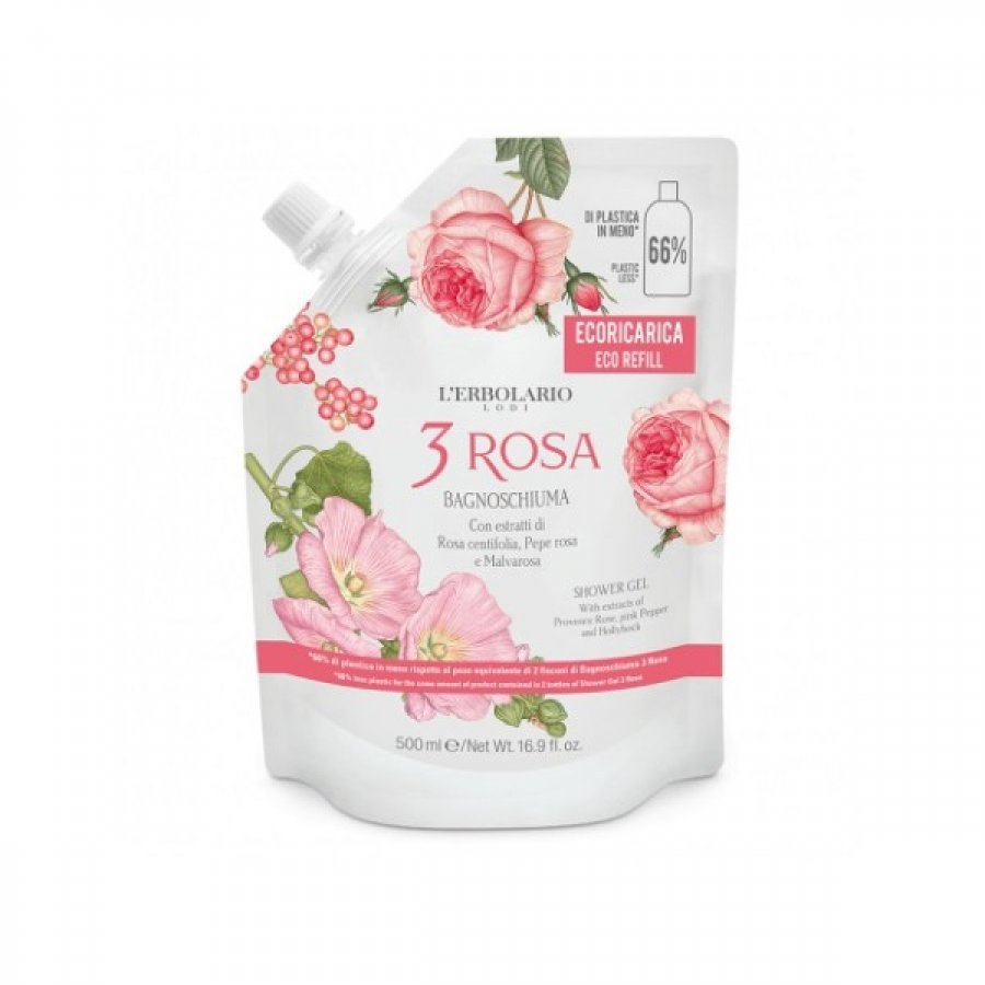 L'Erbolario - Ecoricarica Bagnoschiuma 3 Rosa 500ml, Bagnoschiuma alla Rosa, Detergente Corpo Naturale