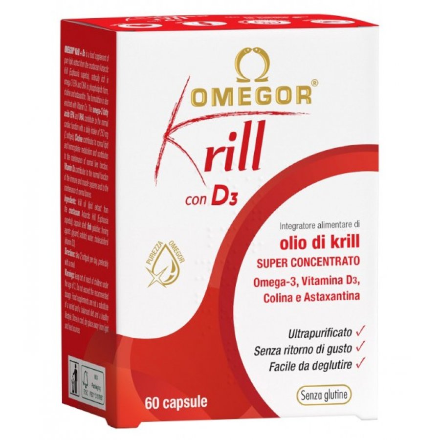 Omegor Krill con D3 - Integratore di Omega-3 da Krill con Vitamina D3 - 60 Capsule - Supporto per la Salute Cardiovascolare e Ossea