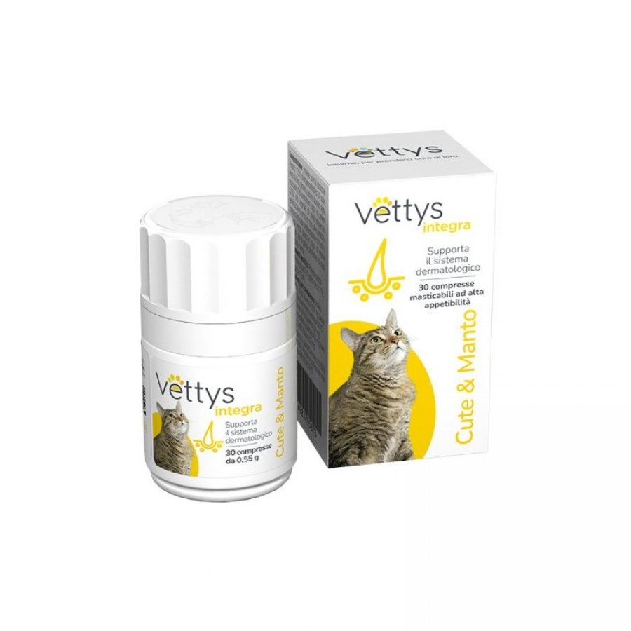 Vettys Integra Cute&Manto Gatto 30 Compresse Masticabili - Integratore per la Salute della Cute e del Manto