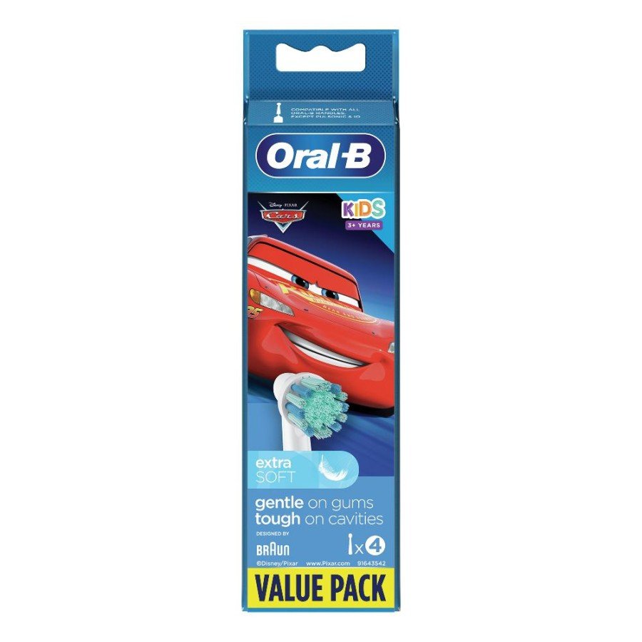 Oral-B Kids Cars Testine Spazzolino Elettrico 4 Pezzi - Setole Extra Morbide per Bambini