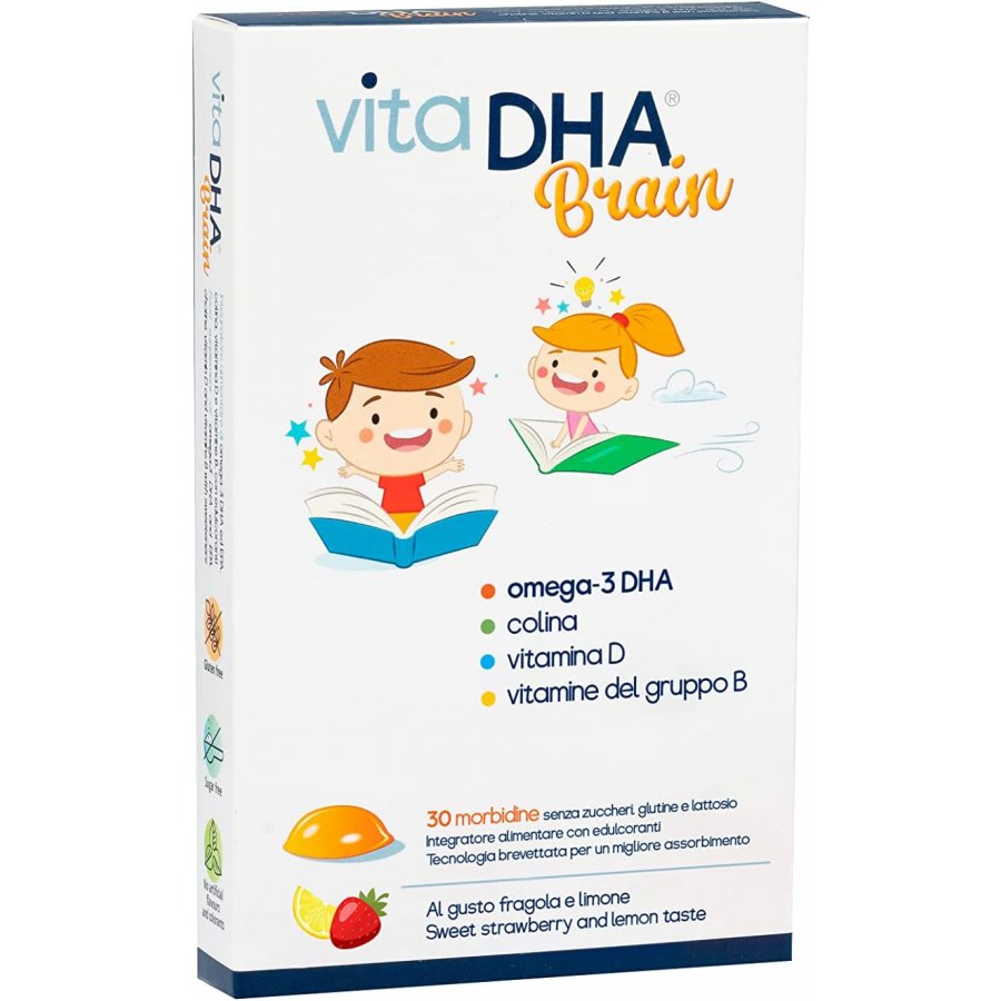 VitaDHA Brain - Integratore di Omega-3 DHA Gusto Fragola e Limone - 30 Morbidine - Supporto per la Salute Cerebrale dei Bambini