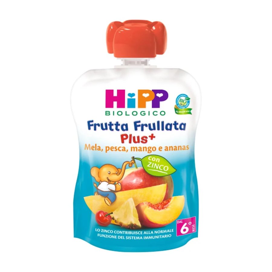 HiPP, Frutta Frullata Plus+ Mela Pesca Mango e Ananas + Zinco, 90 g