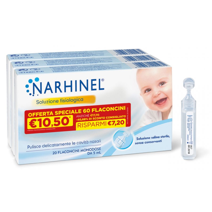 Narhinel Soluzione Fisiologica 3 Pack da 20 Flaconcini Promo - Soluzione nasale per l'igiene quotidiana