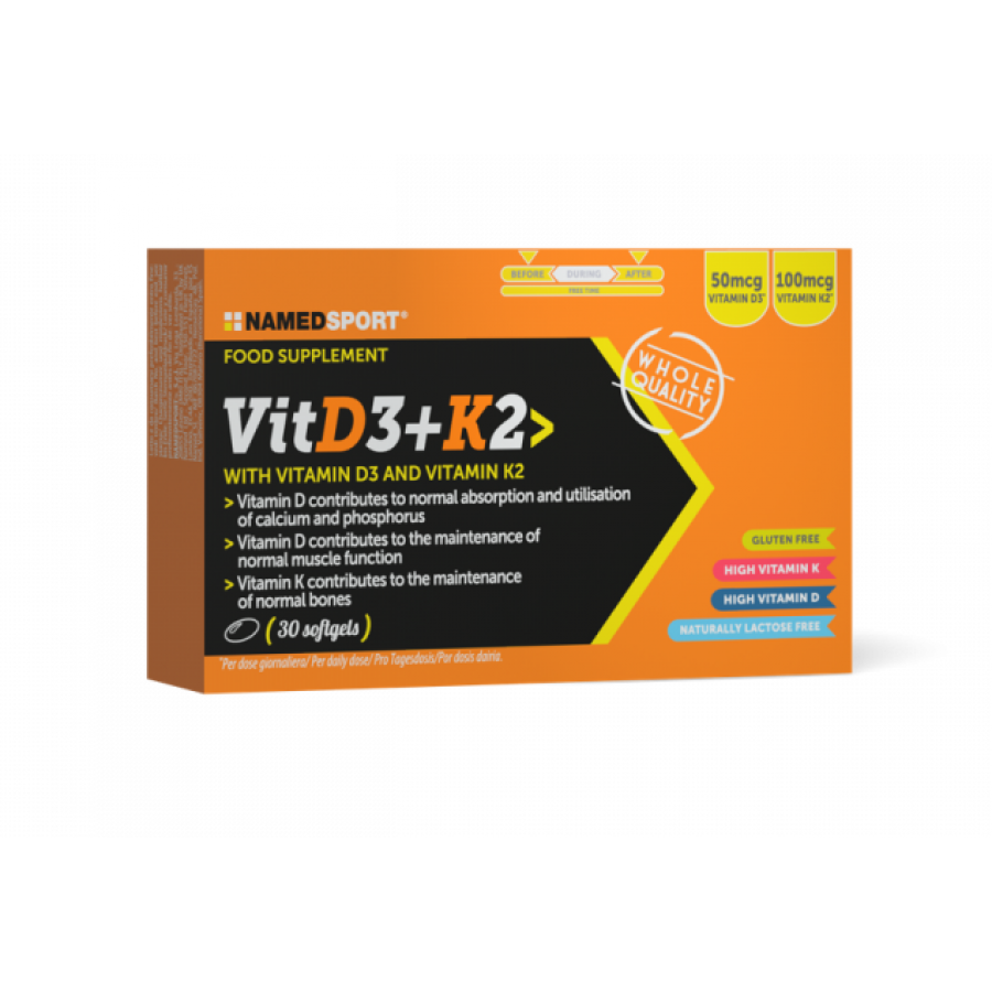 Named Sport - VitD3+k2 30 softgels - Integratore di Vitamina D3 e Vitamina K2 per la Salute delle Ossa e del Sistema Immunitario - 30 Capsule Softgel