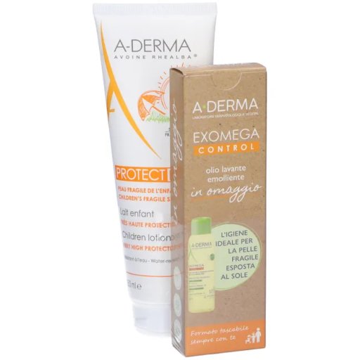 A-DERMA Protect Kids, Latte Solare SPF50+ Bambino 250 ml + Exomega Control Olio Lavante 4x25 ml Omaggio