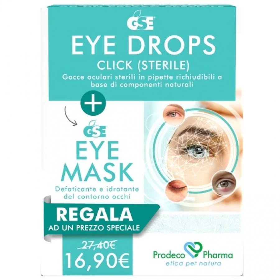 GSE Eye Drops Click 10 Pipette Richiudibili + GSE Eye Mask 5 Compresse - Set per il Benessere Oculare