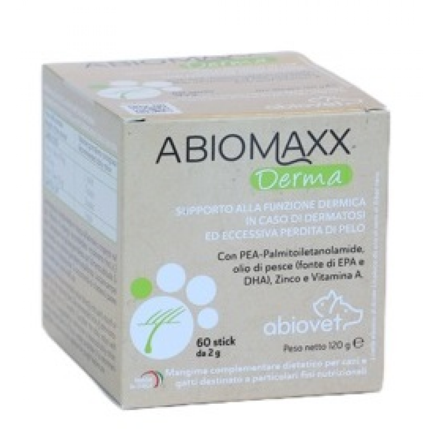 Abiomaxx Derma 30 Stick da 2g - Mangime Complementare per la Salute della Pelle di Cani e Gatti