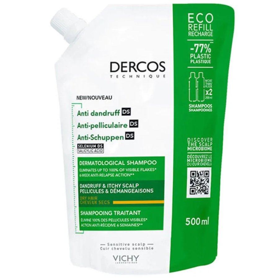 Vichy Dercos Shampoo Antiforfora DS Capelli Secchi, Eco ricarica 500 ml