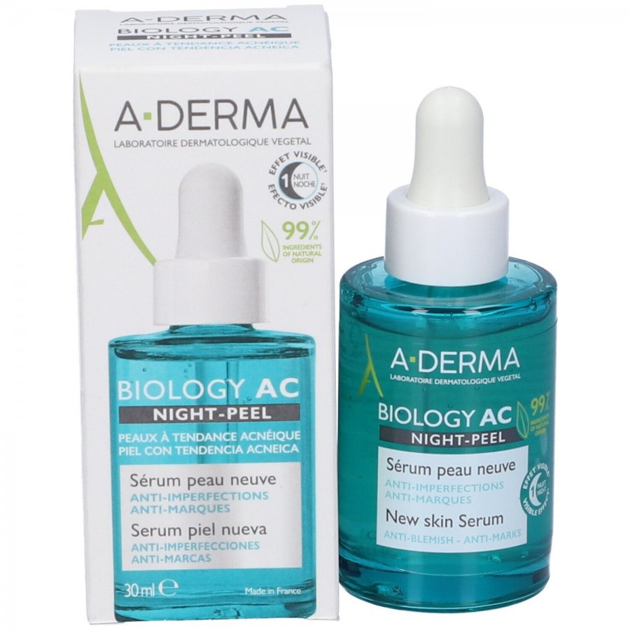 A-Derma Biology Ac Night-Peel Siero Anti-imperfezioni Anti-Segni Residui 30ml - Peeling Quotidiano per Pelle a Tendenza Acneica