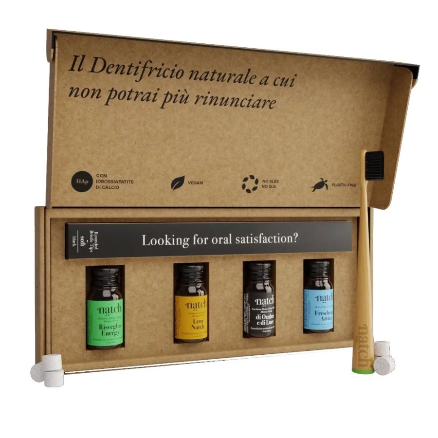 Travel Kit Viaggio 4 Mini Dentifrici in Tavolette + 1 Spazzolino Igiene Orale Naturale Vegano