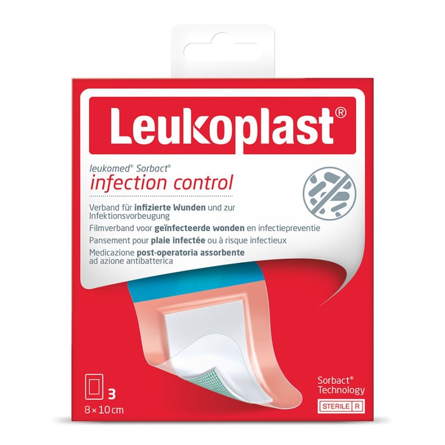 Leukoplast Leukomed Sorbact Medicazione Antibatterica, 3 Pezzi 8 x 10 cm