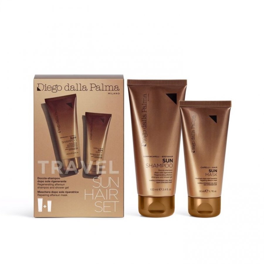 Diego dalla Palma Travel Sun Hair Set Doccia Shampoo Dopo Sole Rigenerante 100ml + Maschera Dopo Sole Riparatrice 50ml - Protezione e Riparazione per Corpo e Capelli Sotto il Sole