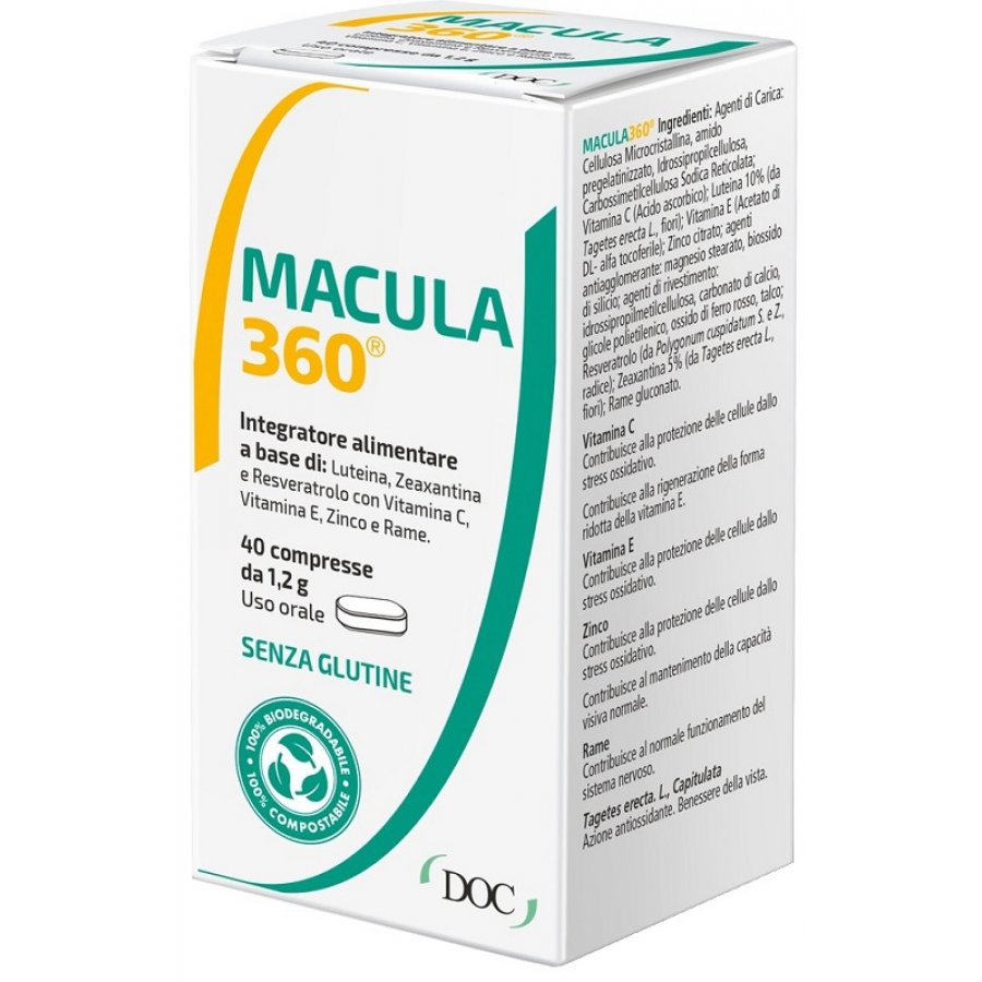 Macula 360 Integratore per la Vista e Sistema Nervoso 40 Compresse - Con Luteina, Zeaxantina e Resveratrolo