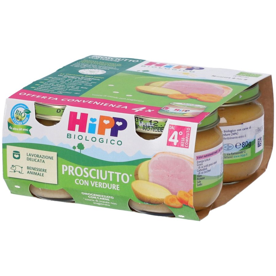 HiPP Bio, Omogeneizzato Prosciutto con Verdure, 4 x 80 g