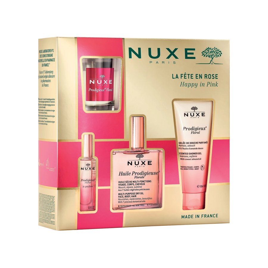Nuxe, Cofanetto Huile Prodigieuse Florale, Olio 100 ml + Profumo 15 ml + Gel doccia 100 ml + Candela 70 g, 4 Pezzi 