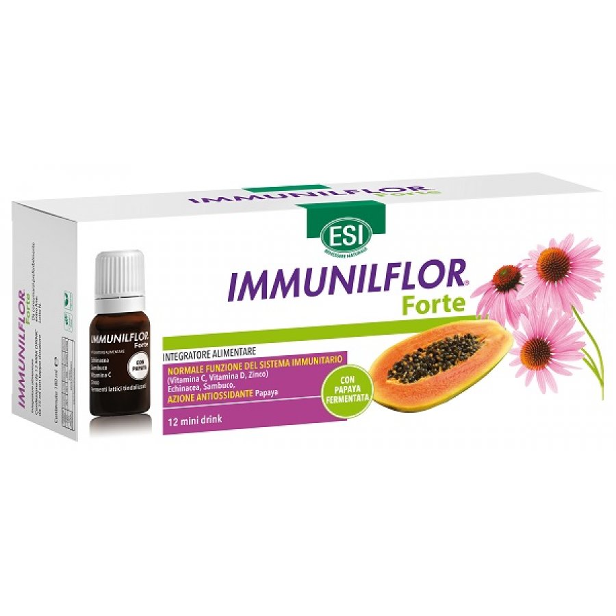 Esi Immuniflor Forte Papaya, 12 Flaconi, Integratore Immunitario, Papaya, Echinacea, Vitamina C, Vitamina D, Sambuco