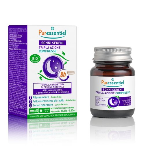 Puressentiel Sonni Sereni Compresse Tripla Azione 15 Compresse – Oli Essenziali e Melatonina