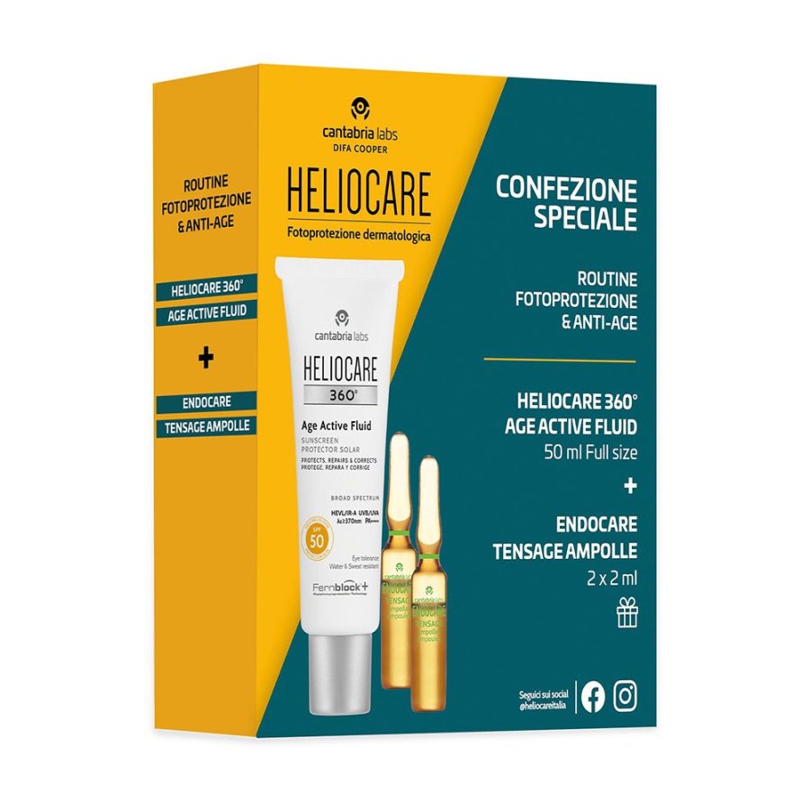 Routine Fotoprotezione & Anti-Age Heliocare 360° Age Active Fluid + Endocare Tensage, 50 ml + 2 x 2 ml
