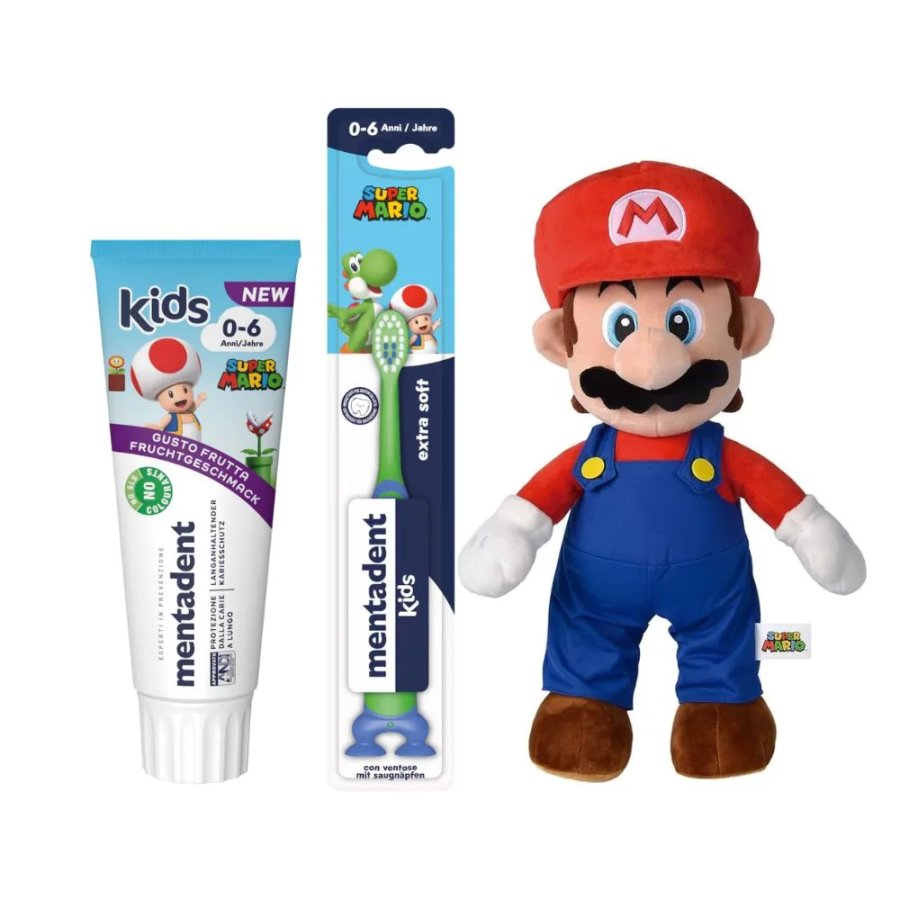 Mentadent Cofanetto Super Mario Kids 0-6 Anni Set Igiene Orale Bambini 75 ml + Spazzolino Extra Soft + Peluche