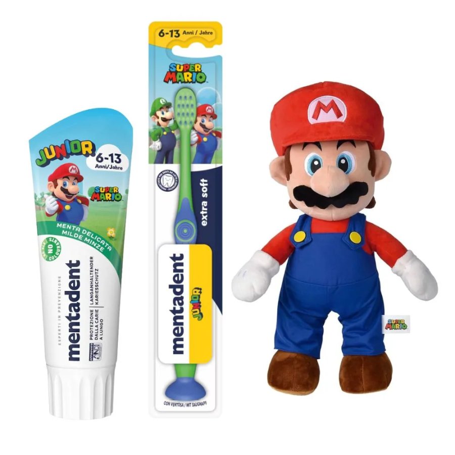 Mentadent, Cofanetto Super Mario Junior, Peluche + Dentifricio Menta Delicata 75 ml + Spazzolino Extra Soft