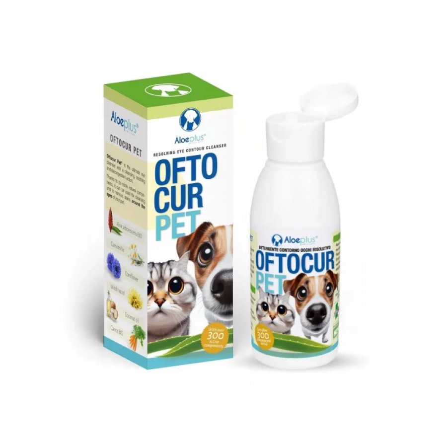 Aloeplus Oftocur Pet 100ml - Detergente Oculare per Cani e Gatti, Rimuove Macchie e Irritazioni, Naturale e Biologico