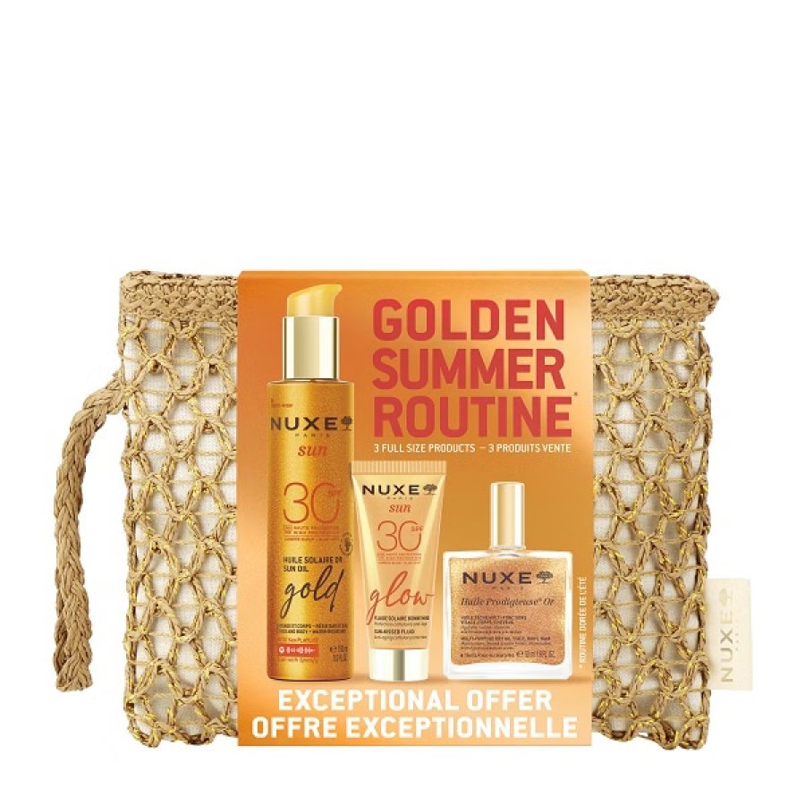 Nuxe Golden Summer Routine 2026 set solare illuminante viso corpo capelli, 4 prodotti + pochette