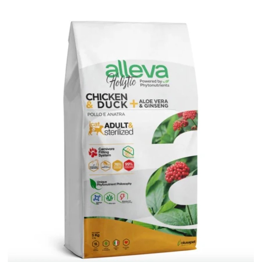 Alleva Holistic Crocchette per Gatto Adulto Pollo & Anatra con Aloe Vera e Ginseng, 1,5 kg