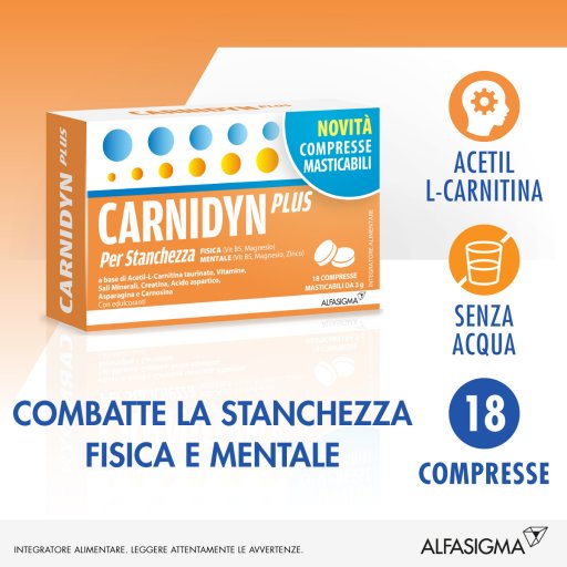Carnidyn Plus - Integratore alimentare per la stanchezza fisica e mentale 18 compresse masticabili