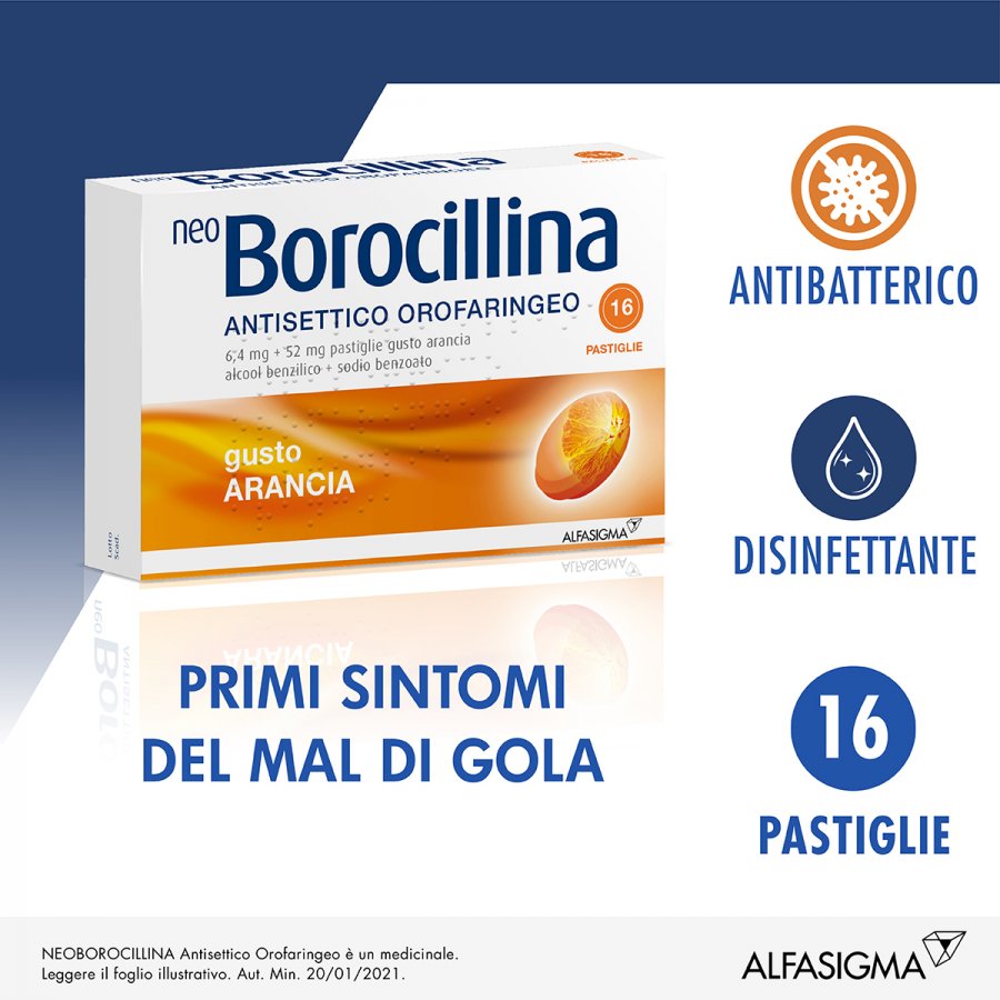 Neoborocillina - Antisettico Orofaringeo 16 Pastiglie Arancia - Rimedio per Mal di Gola e Gola Irritata