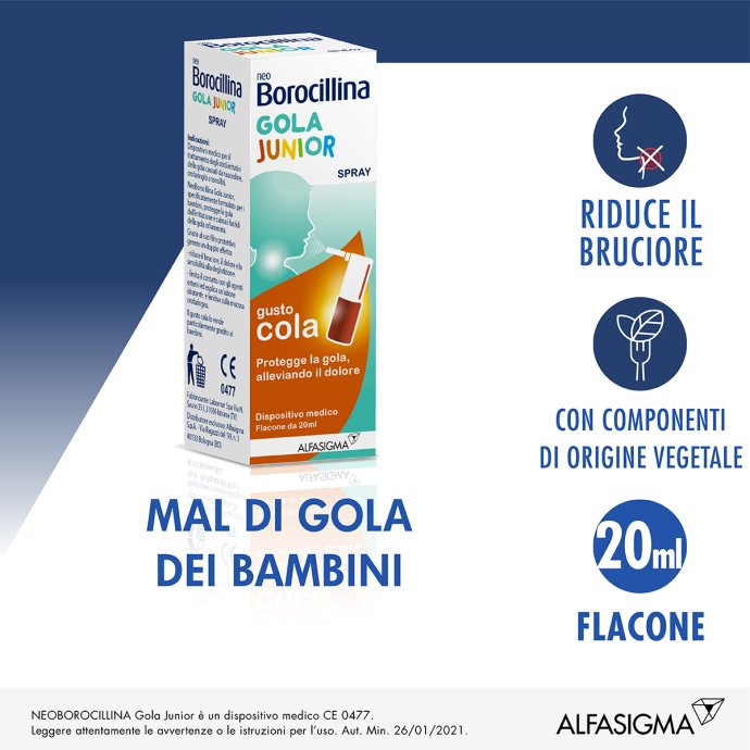 Neoborocillina - Gola Junior Spray 20ml Gusto Cola - Rimedio Naturale per il Dolore alla Gola nei Bambini