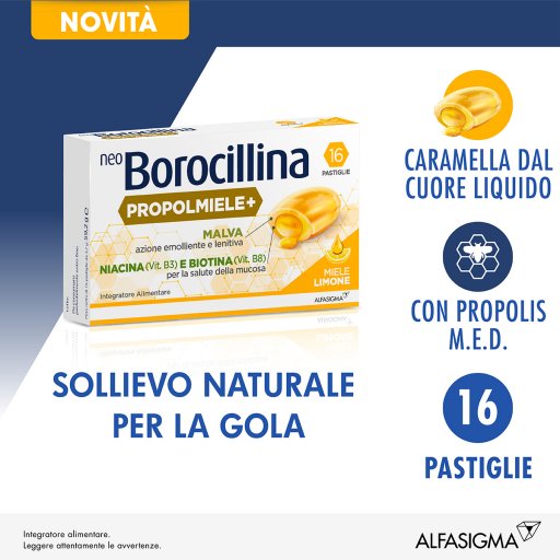 Neoborocillina - Propolmiele+ 16 Pastiglie Gusto Miele e Limone - Rimedio Naturale per Gola e Vie Respiratorie
