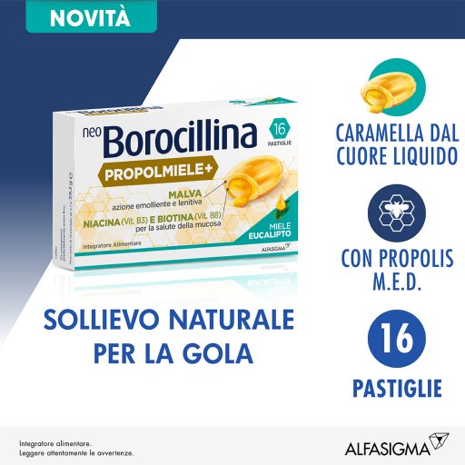Neoborocillina - Propolmiele+ 16 Pastiglie Gusto Miele ed Eucalipto - Rimedio Naturale per la Gola e le Vie Respiratorie