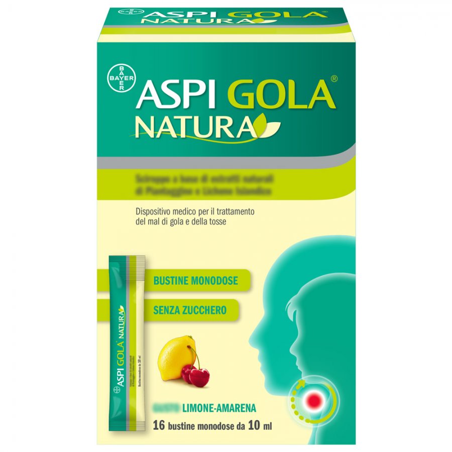 Aspi Gola Natura - Per il trattamento del mal di gola e della tosse - 16 Bustine Monodose da 10 ml - Gusto Limone e Amarena