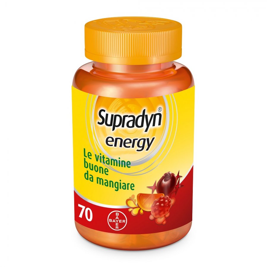 Supradyn Energy - Integratore Alimentare Multivitaminico con Vitamine e Coenzima Q10 per Stanchezza Fisica e Affaticamento - 70 Caramelle Gommose Gusto Ciliegia, Lampone e Arancia