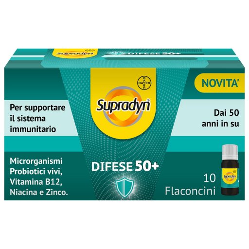 Supradyn Difese 50+  Integratore Alimentare Multivitaminico con Vitamina C Vitamina D e Zinco per supportare il Sistema Immunitario - 10 Flaconcini da 10 ml Gusto Caramello
